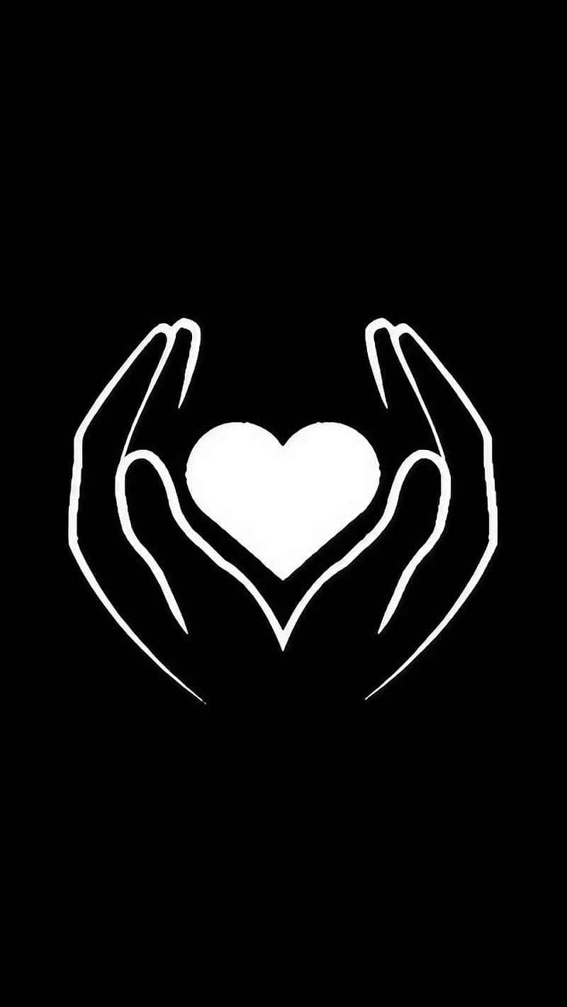 Black Line Emoji Art, Hands Holding Heart, black background, art work, HD phone wallpaper