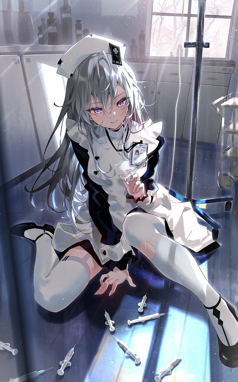 Women long hair thigh highs digital art anime gray hair anime