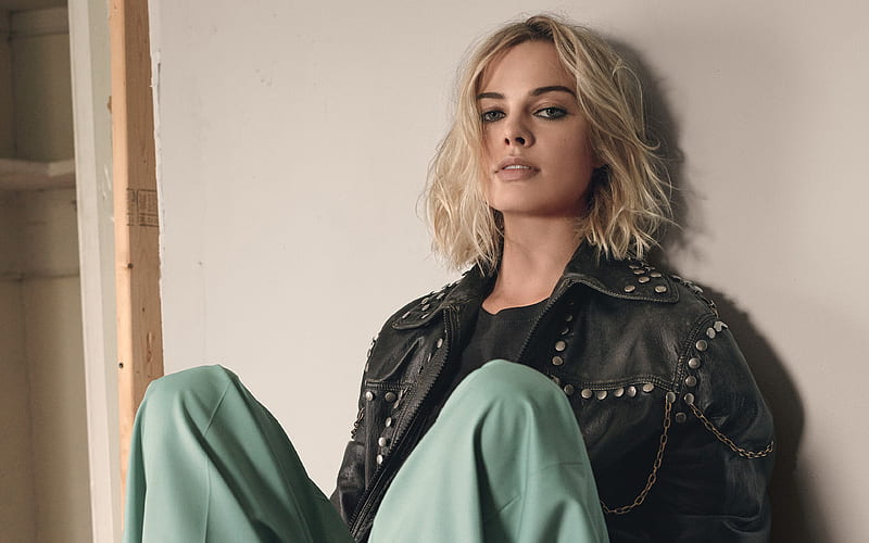 Margot Robbie, shoot australian actress, blonde, black leather jacket, HD wallpaper