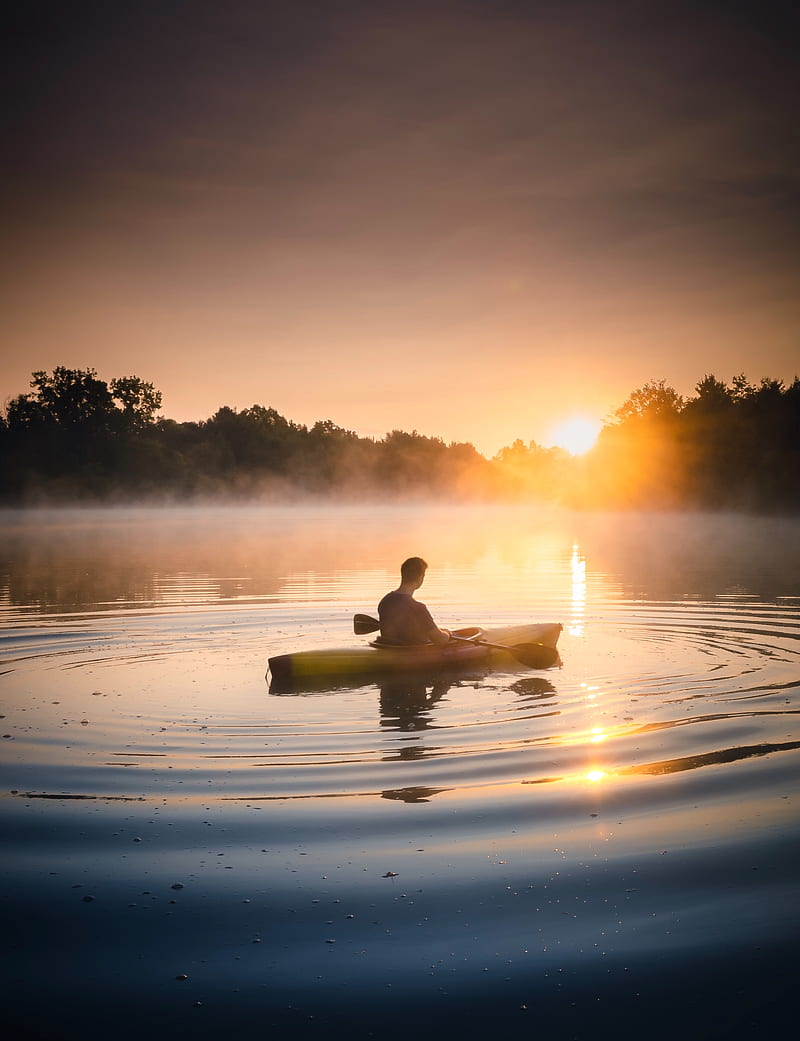 man, canoe, lake, sunset, fog, HD phone wallpaper