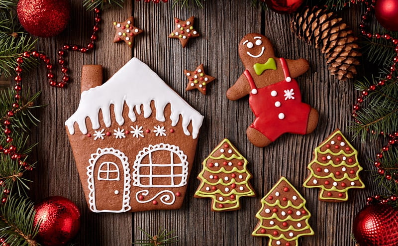 Merry Christmas!, red, deco, house, craciun, christmas, food, pine cone, sweet, dessert, cookies, tree, gingerbrad, wood, HD wallpaper