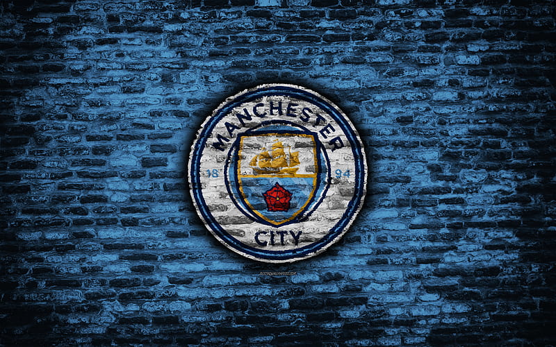 Manchester City FC, logo, blur brick wall, Premier League, English football club, soccer, football, The Citizens, brick texture, Manchester, England, HD wallpaper