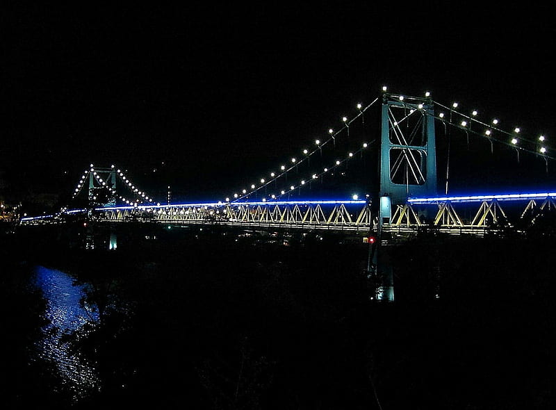 Blue and Gold Bridge West Virginia, architecture, west virginia, bridge, follansbee, ohio, market street bridge, steubenville, lights, HD wallpaper