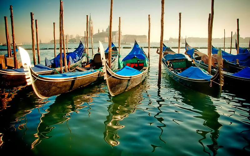 Venice, pier, gondolas, morning, canal, Italy, HD wallpaper