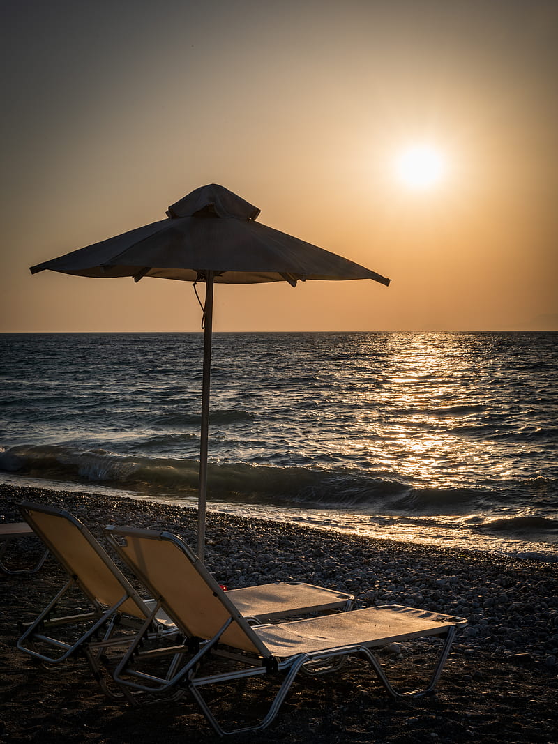 beach, sun loungers, sea, twilight, landscape, HD phone wallpaper