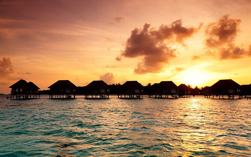 Maldives, sunset, ocean, bungalows in the water, tropical islands, palm trees, HD wallpaper