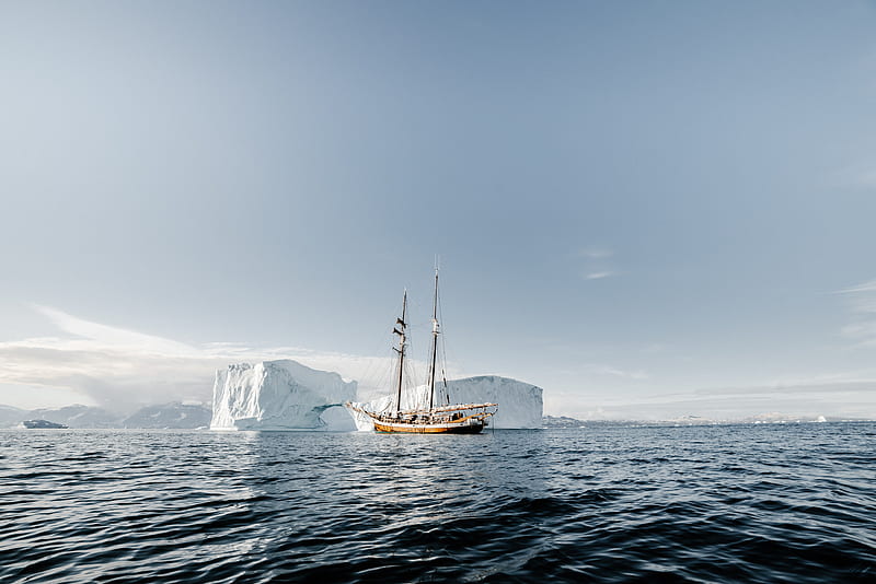 ship, ice, iceberg, sea, ripples, HD wallpaper