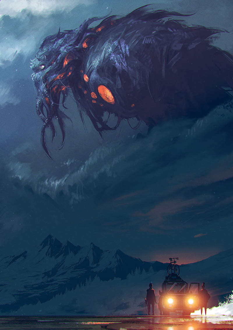 digital art, H. P. Lovecraft, creature, nature, mountains, clouds, HD phone wallpaper