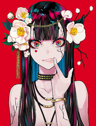 red eyes, profile, anime girls, black hair, necklace, portrait