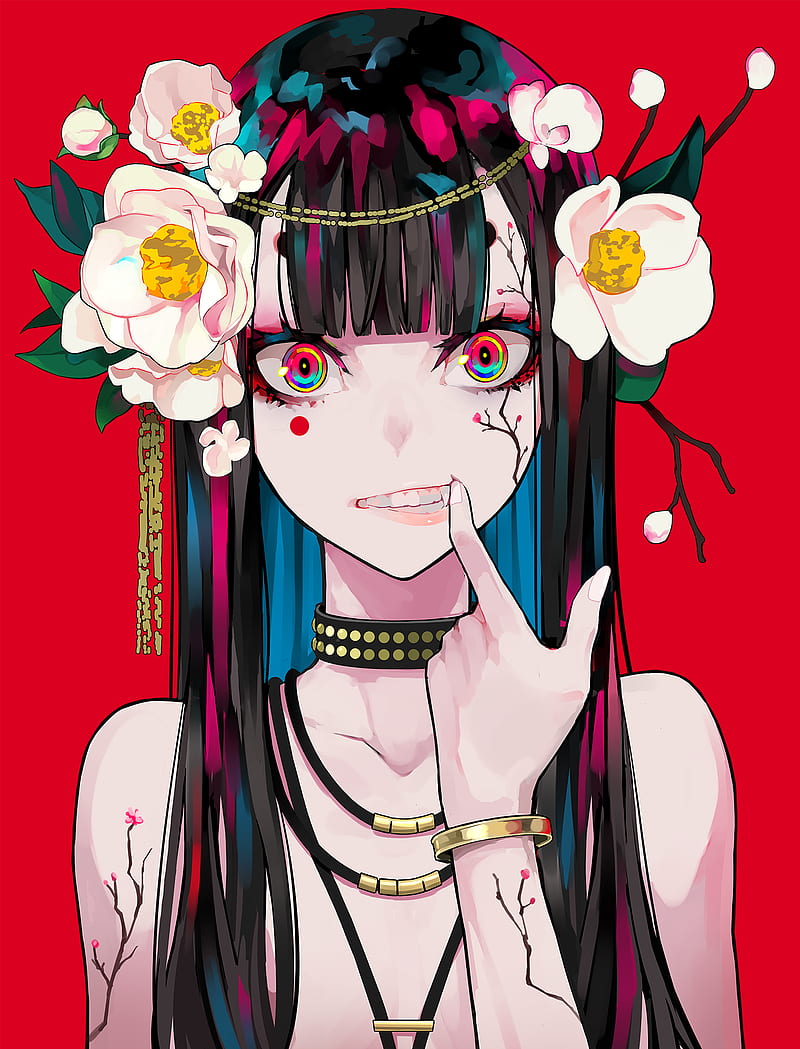 portrait display, artwork, digital art, 2D, looking at viewer, fangs, flower in hair, necklace, long hair, painting, illustration, original characters, drawing, anime girls, red background, face, flowers, dark hair, colorful, bracelets, LAM, anime, simple background, bare shoulders, HD phone wallpaper