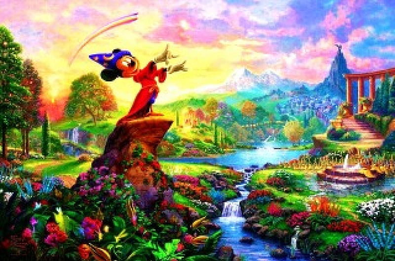 DYSNEY WORLD, art, cartoon, lake, fantasy, drawing, painting, flower,  nature, HD wallpaper | Peakpx