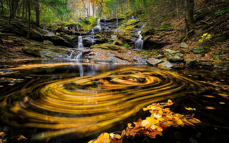 autumn, lake, blur, waterfall, autumn landscape, forest, yellow leaves, HD wallpaper