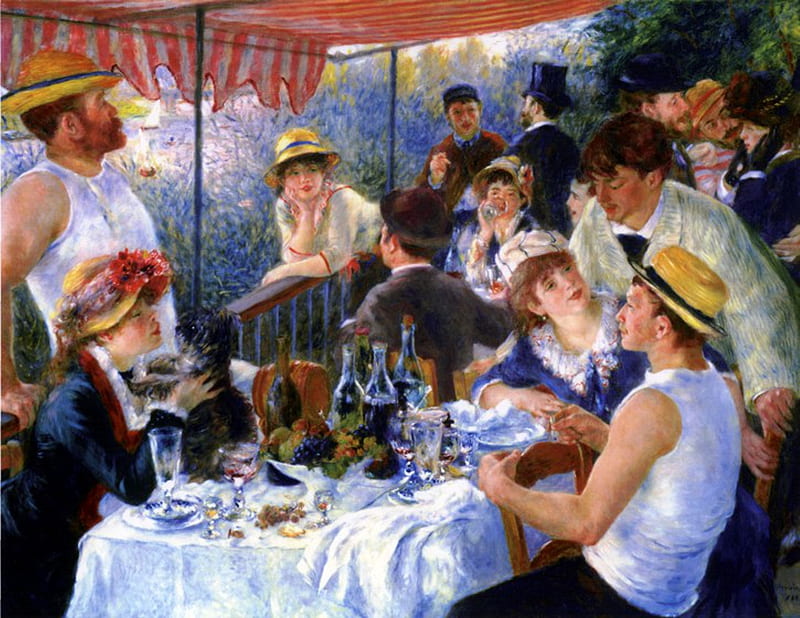 Luncheon of the boating party, art, man, pierre auguste renoir, woman, people, summer, dog, puppy, HD wallpaper