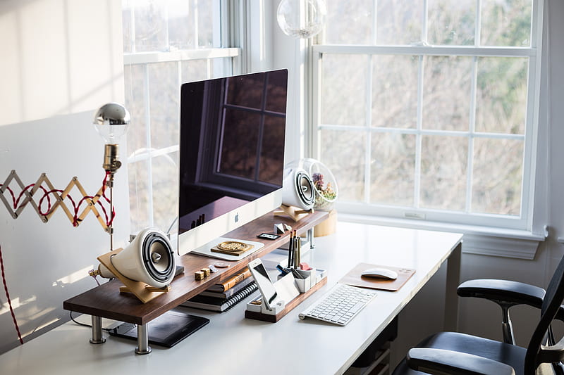 silver iMac on desk near window, HD wallpaper