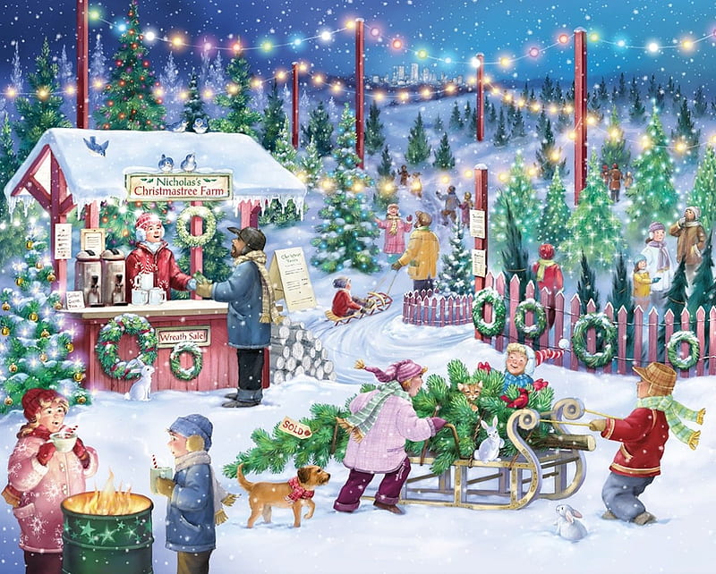 Christmas Tree farm, sleigh, christmas, trees, lights, winter, farm, fire, hot drinks, snow, HD wallpaper