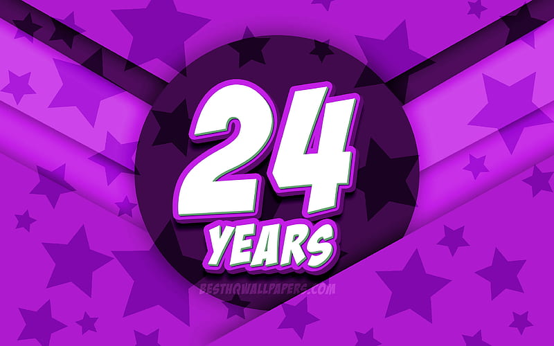 Happy 24 Years Birtay, comic 3D letters, Birtay Party, violet stars background, Happy 24th birtay, 24th Birtay Party, artwork, Birtay concept, 24th Birtay, HD wallpaper