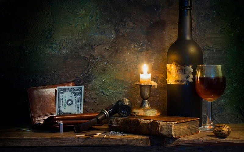 Still life, candle, wine, old book, bottle, HD wallpaper