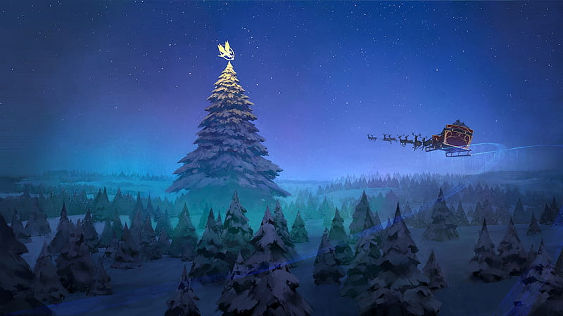 santa claus, flying, christmas tree, stars, night, Fantasy, HD wallpaper