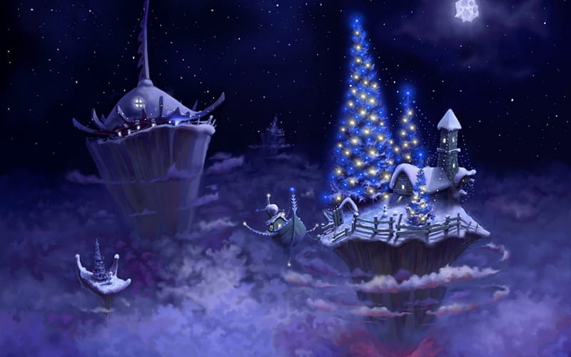 Christmas fantasy, cloud, christmas, abstract, sky, tree, fantasy, purple, fir, island, blue, night, HD wallpaper