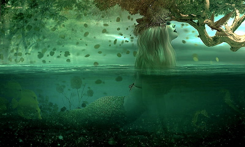 Mermaid Visiting Nature, green, Mermaid, magical, bonito, creature, softness, Enchanting, water, fantasy, mythical, HD wallpaper