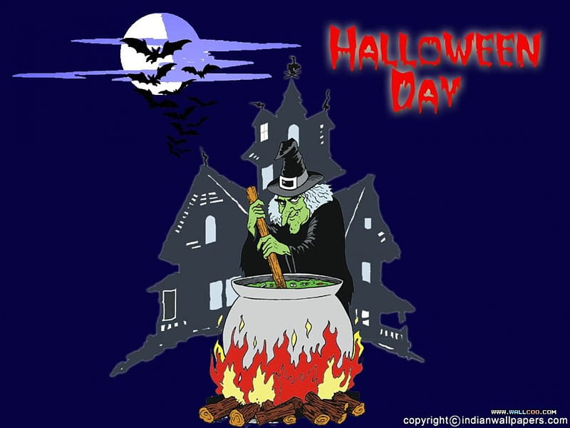 Witches Cauldron, witch, house, cauldron, bats, halloween, full moon, night, HD wallpaper