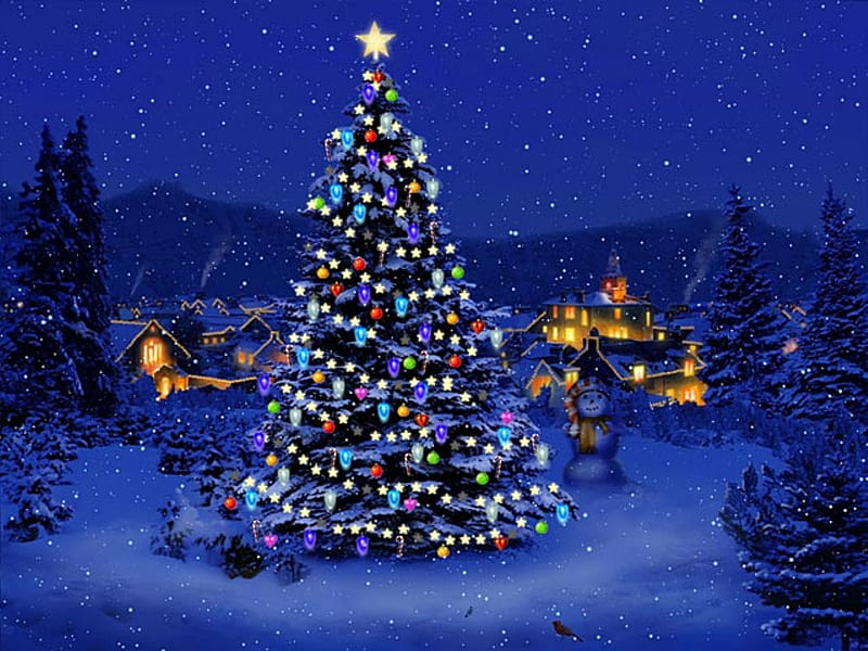CHRISTMAS TREE, tree, christmas, snow, village, snowman, lights, night, winter, HD wallpaper
