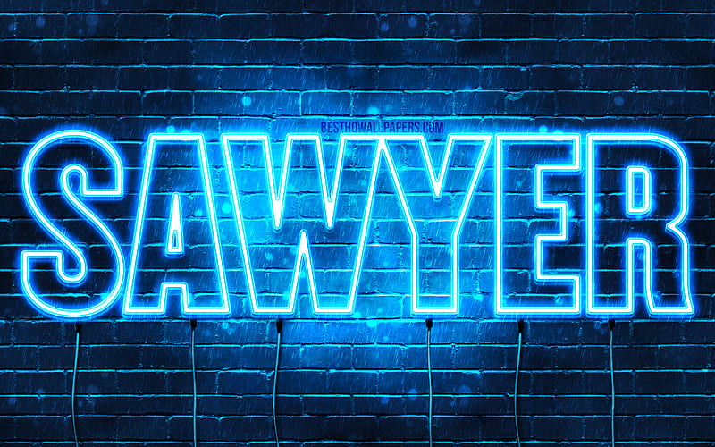 Sawyer with names, horizontal text, Sawyer name, blue neon lights, with Sawyer name, HD wallpaper