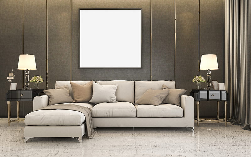 stylish living room interior, classic interior style, gray stylish , blank on the wall, gray stylish sofa, HD wallpaper