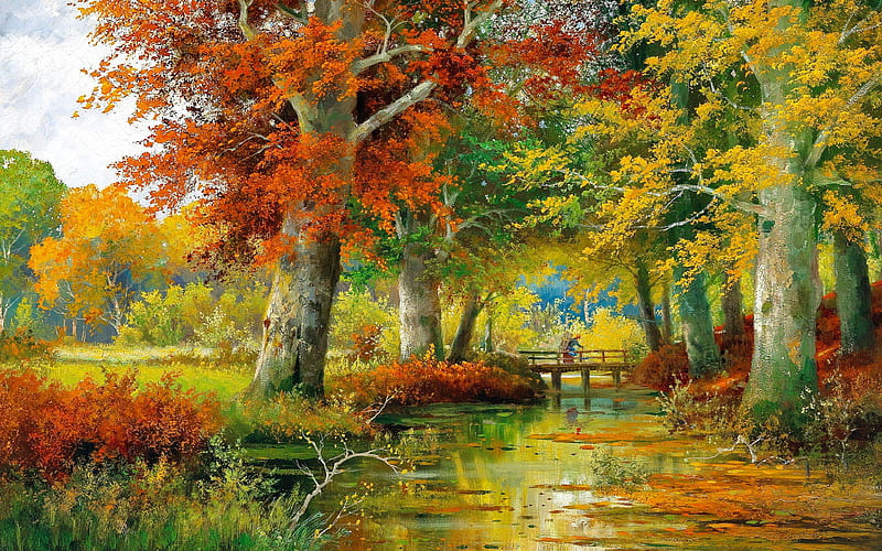 Autumn in countryside, painting, park, fall, art, forest, colorful, autumn, bonito, trees, countryside, bridge, river, HD wallpaper