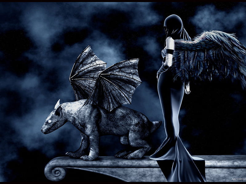 Gargoyle and Angel, female, gargoyle, bonito, wing, artwork, fantasy, ledge, feathers, hooded, HD wallpaper