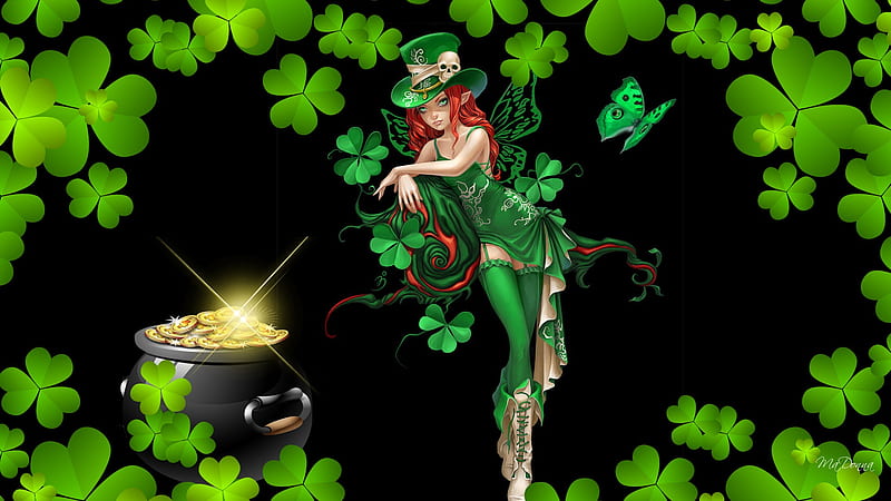 Irish Fairy, fae, green eyes, st patricks day, bonito, red hair, pot of gold, sexy, pixie, shamrocks, fairy, saint patricks day, HD wallpaper