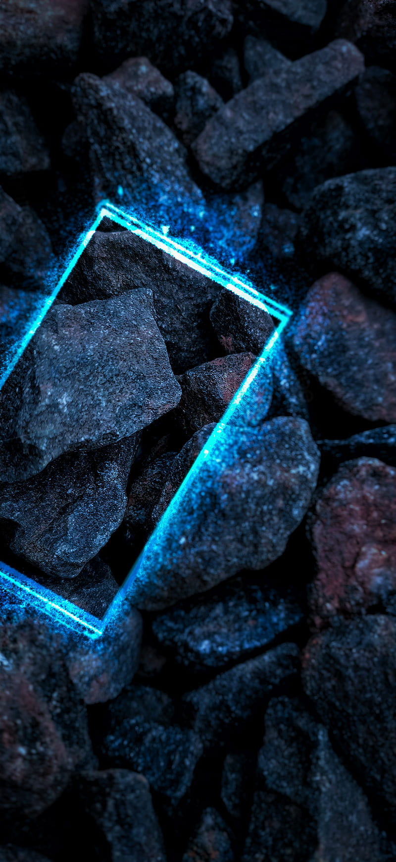 Neon blue, trending, blue rocks, blur, rectangle, pebbles, blue neon, HD phone wallpaper