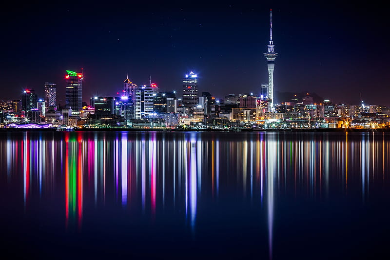 Auckland Skyline, auckland, harbor, lights, newzealand, night, sky, tower, view, HD wallpaper