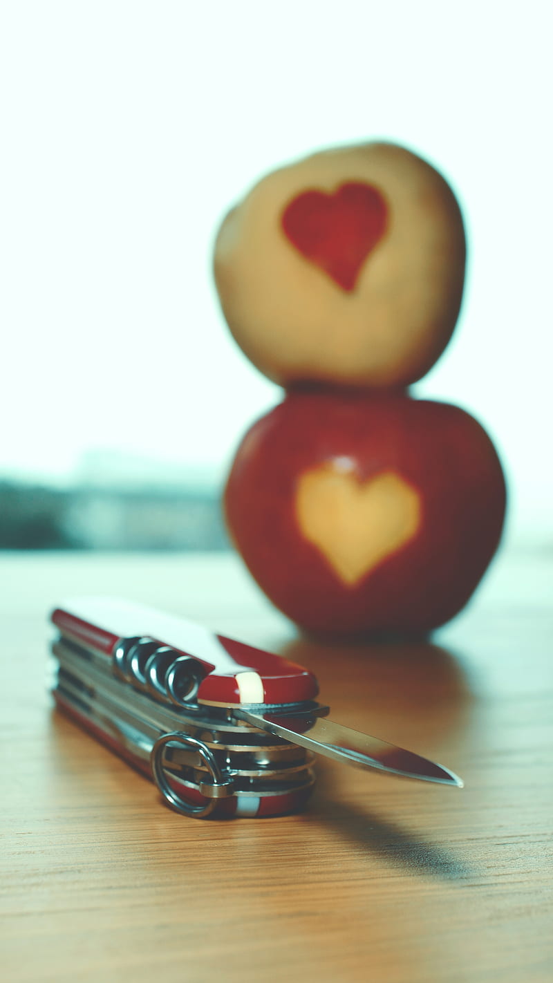 Apple love, apples, blade, cut, handy, heart, indoor, knife, opener, pure, replace, scrissors, swap, swiss, table, tool, yellow, HD phone wallpaper