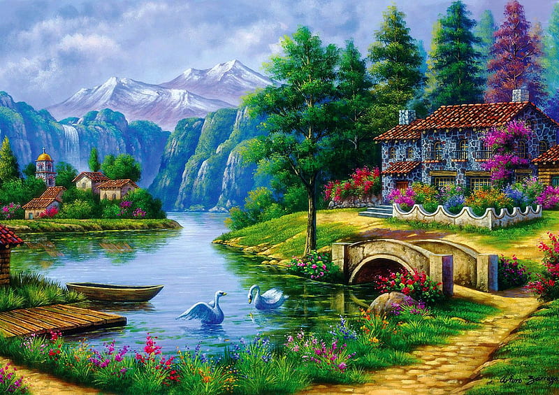 Lake Village, flowers, waterfall, House, swans, pier, trees, artwork, boat, bridge, mountains, River, painting, HD wallpaper