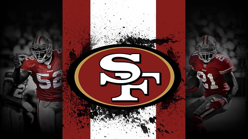 San Francisco 49ERS Logo With Background Of Red And White And Players On Side 49ERS, HD wallpaper