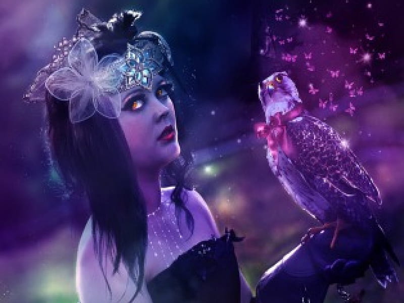 Princess Elvira, purple, bird, lady, princess, woman, HD wallpaper