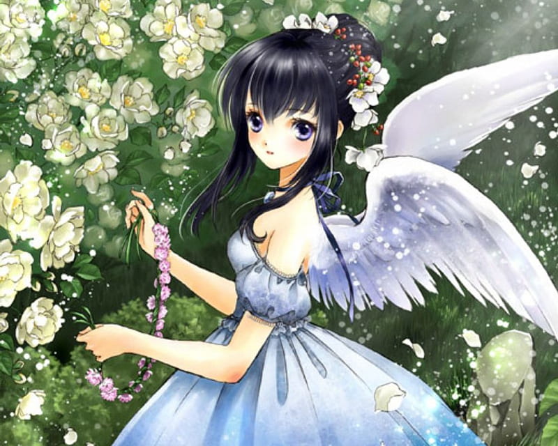 ~❀ADORE❀~, pretty, adorable, magic, wing, women, sweet, floral, fantasy, love, anime, royalty, feather, flowers, beauty, anime girl, gems, jewel, long hair, wings, lovely, gown, amour, sexy, jewelry, cute, maiden, dress, divine, adore, bonito, sublime, woman, blossom, gemstone, purple eye, hot, black hair, gorgeous, female, exquisite, angel, kawaii, girl, flower, precious, magical, petals, lady, angelic, HD wallpaper
