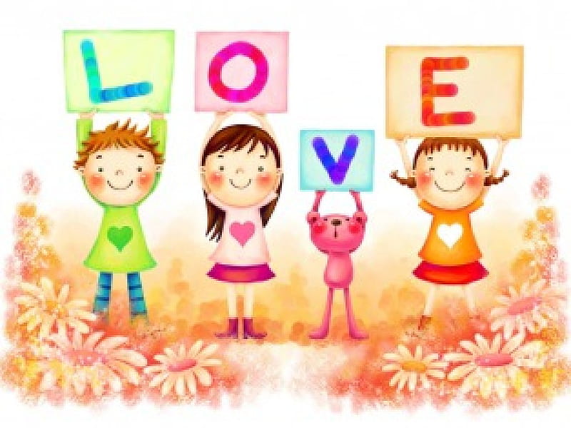 Love, children, valentine, cartoon, HD wallpaper
