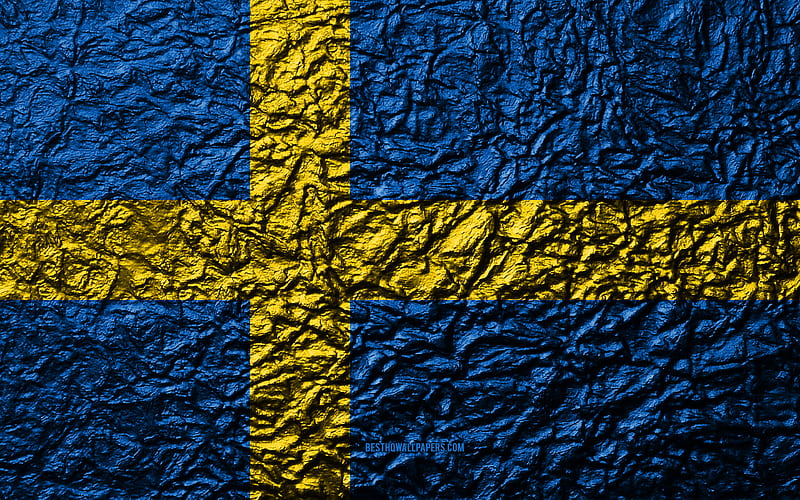 Flag of Sweden stone texture, waves texture, Swedish flag, national symbol, Sweden, Europe, stone background, HD wallpaper