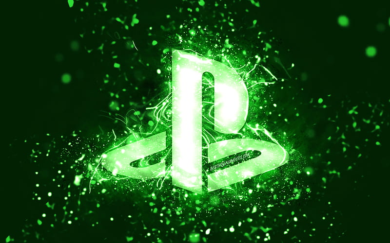 PlayStation green logo green neon lights, creative, green abstract background, PlayStation logo, PlayStation, HD wallpaper