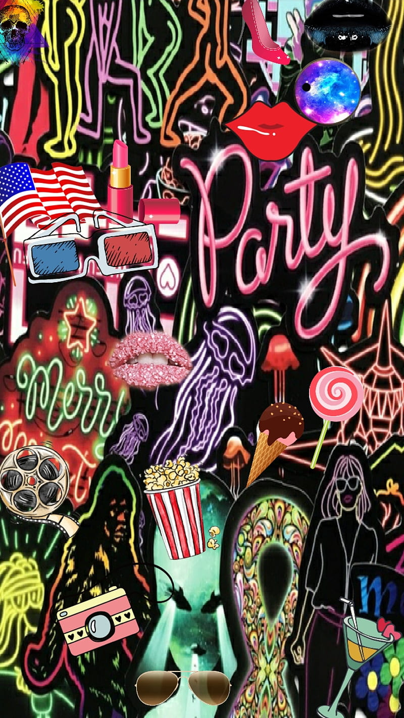 Party Graffiti, camera, glasses, ice cream, jellyfish, lips, lollipop, popcorn, reel, HD phone wallpaper