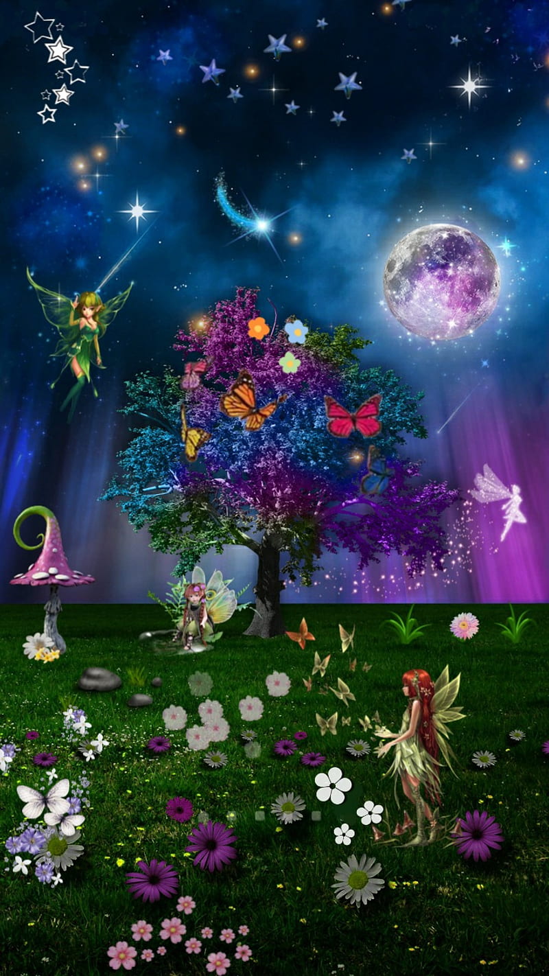 HD wallpaper fairyland fireflies flower night paint season trees