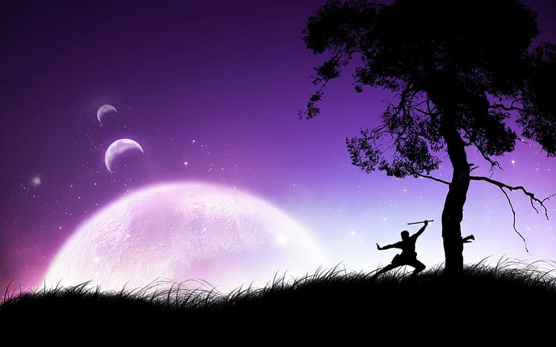 Ninja Silhouette, planets, space, abstract, silhouette, tree, moon, purple, light, ninja, HD wallpaper