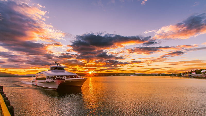 catamaran in a norwegian bay at sunset, boat, ferry, bridge, sunset, clouds, bay, HD wallpaper