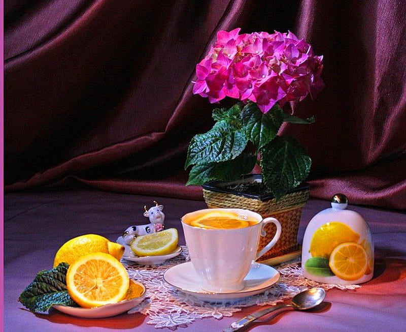 Tea with lemon, spoon, fruits, yellow, lowers, abstract, tea, lemon, still life, soucer, purple, vitamins, cup, flower, flowers, pink, other, HD wallpaper