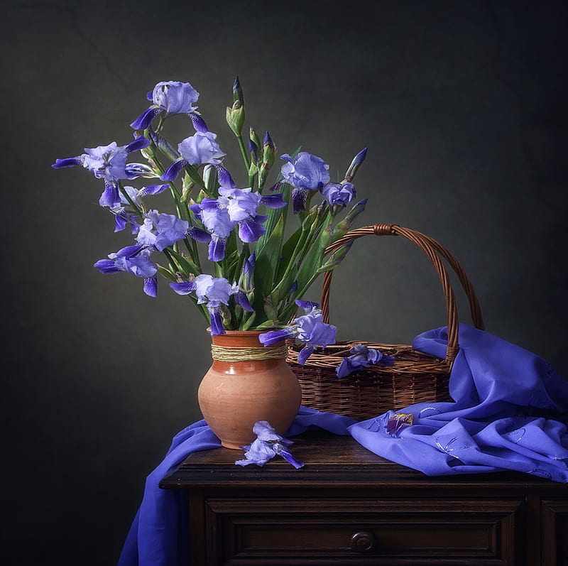 Beauty of irises, Purple, Flowers, Basket, Vase, Buds, HD wallpaper
