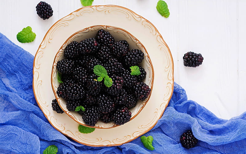 blackberries, black berries, blackberries on a plate, healthy berries, HD wallpaper
