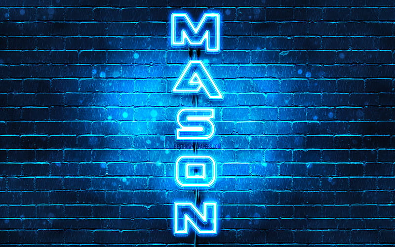 Mason, vertical text, Mason name, with names, blue neon lights, with Mason name, HD wallpaper
