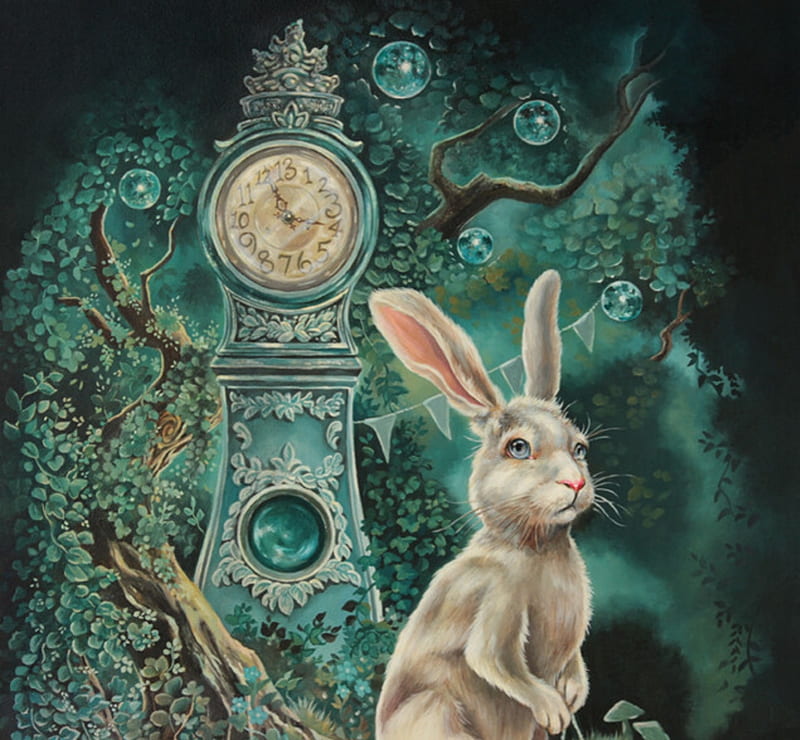 Tick Tock goes the Clock, wonderland, clock, bunny, white, blue, art, eeva nikunen, rabbit, luminos, fantasy, HD wallpaper
